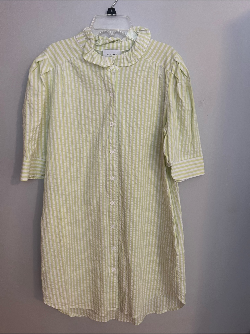 Adrienne Pale Green & White Striped Ruffle-Neck Midi Shirt Dress